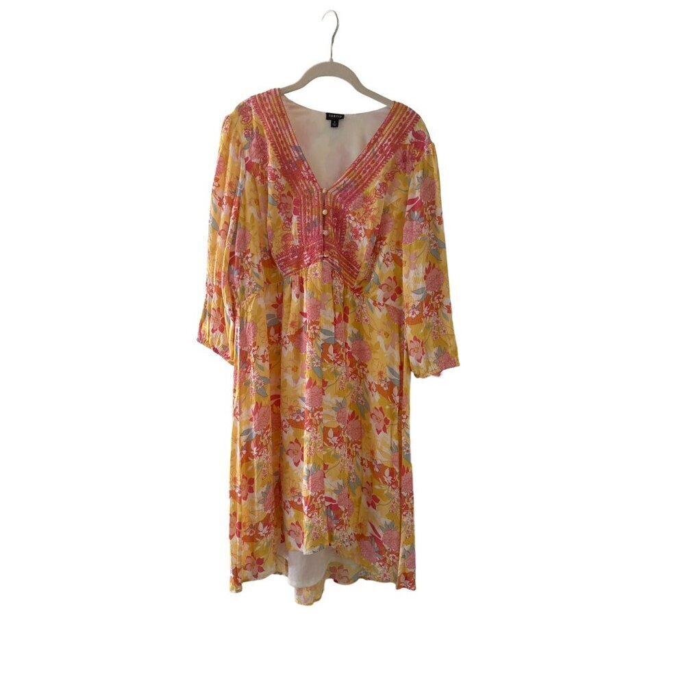 Torrid Yellow Pink Floral Embroidered Rayon Boho V Neck Dress Size 1X